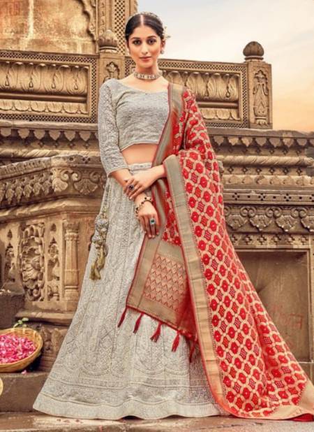 Gray And Red Colour Gajraj Lehenga New Latest Designer Ethnic Wear Georgette With Lucknowy Work Lehenga Choli Collection 8005